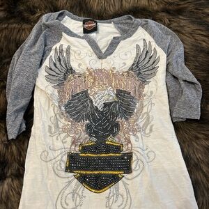 Harley-Davidson Gray and White 3/4 Sleeve Eagle Tee